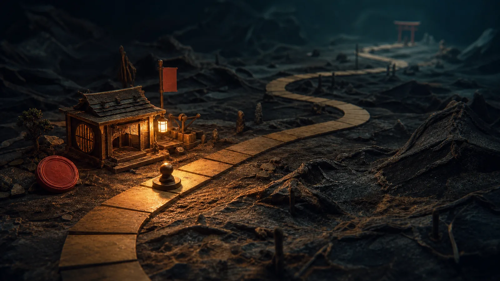 暗い大地を遠くまで続くゲーム盤の道と、序盤に灯りがともった小さな拠点