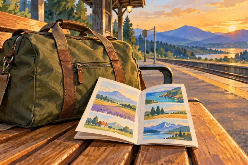駅の木製ベンチに置かれた緑の旅行かばんと、風景を描いた旅のしおりのイラスト