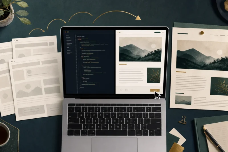 コード画面と完成したブログ画面を開いたノートPCの周りに、複数のデザイン案が並ぶイラスト