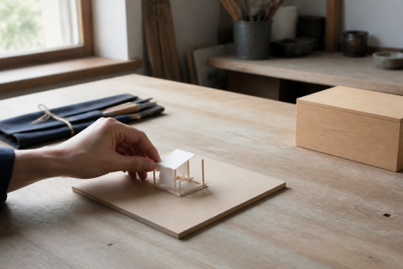 小さな紙の試作品だけを手で確かめ、包んだ工具と閉じた木箱にはまだ触れない明るい工房