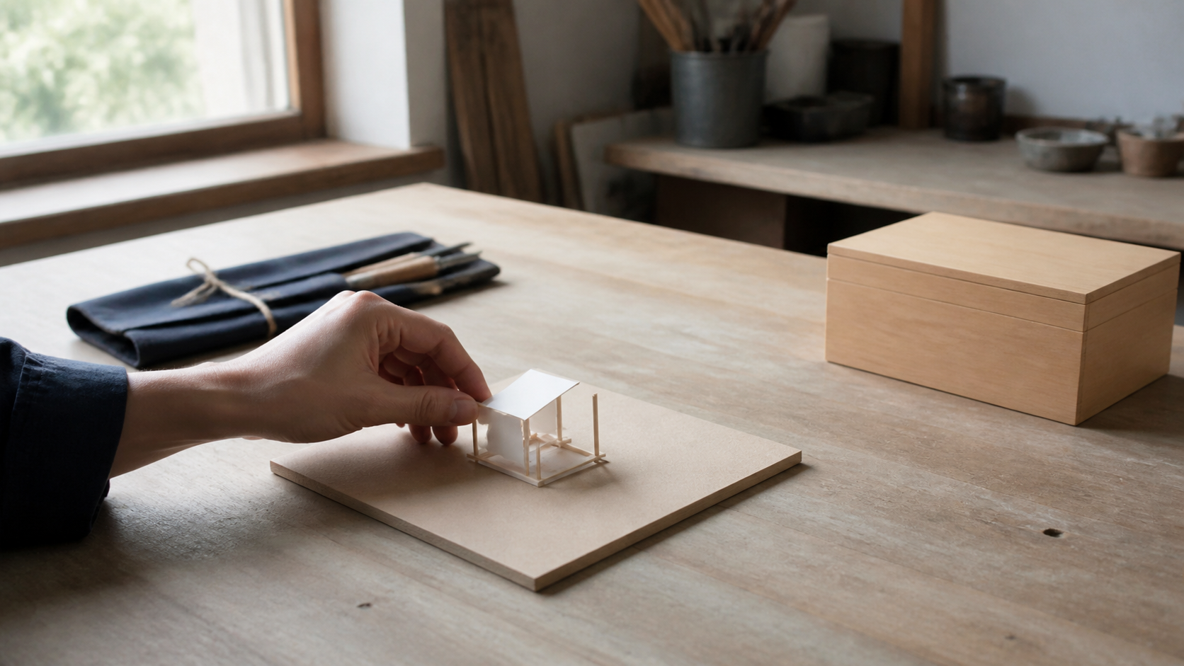 小さな紙の試作品だけを手で確かめ、包んだ工具と閉じた木箱にはまだ触れない明るい工房