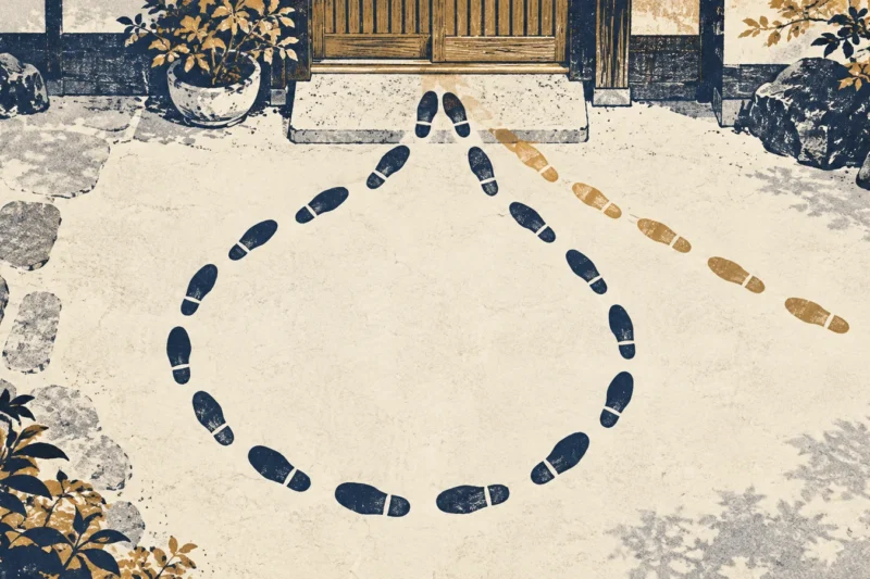 玄関の前で輪になっている紺色の足跡と、外から続く黄土色の足跡の版画