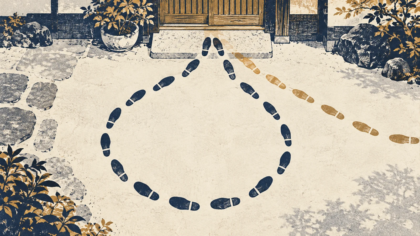 玄関の前で輪になっている紺色の足跡と、外から続く黄土色の足跡の版画